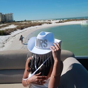 White 'MRS' Cowboy Hat with Silver Fringe